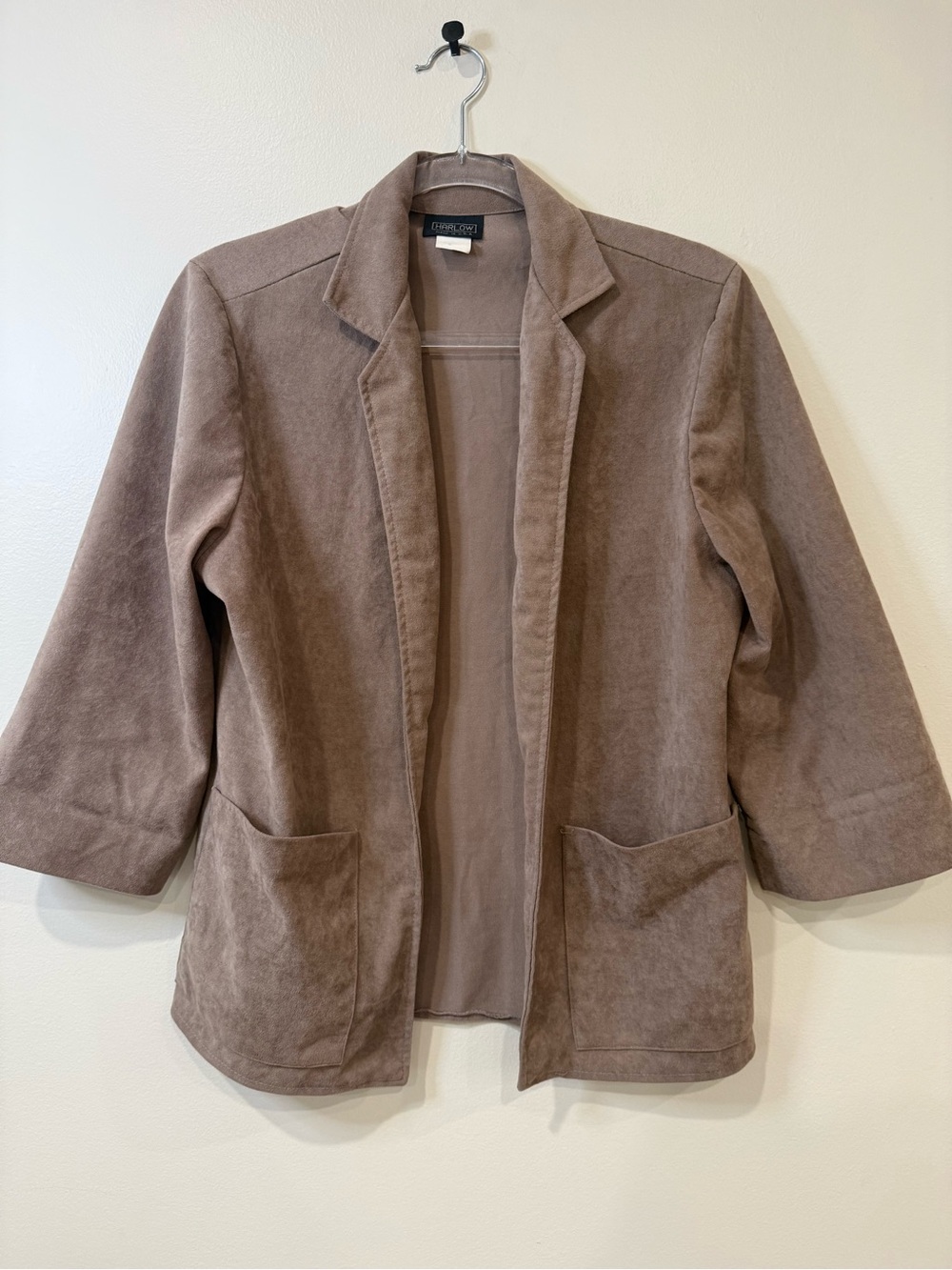 Vintage 90s Harlow Faux Suede Open Front Cardigan Blazer Jacket Tan USA Made